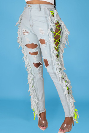 Light Color Sexy Solid Bandage Make Old Straight Lace Up Tassel Ripped Denim Jeans