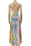 Mehrfarbiges, sexy bedrucktes Patchwork-Kleid mit rückenfreiem Volant, asymmetrischem V-Ausschnitt und Sling-Kleid