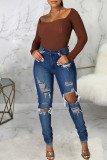 Blue Fashion Casual Solid Riping High Taille Regular Denim Jeans