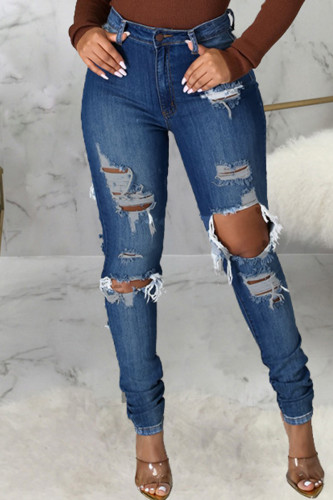 Blue Fashion Casual Solid High Waist Regular Ripped Denim Jeans