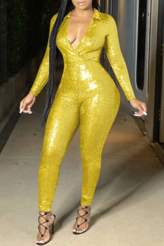 Yellow Sexy Bronzing Patchwork V Neck Skinny Jumpsuits