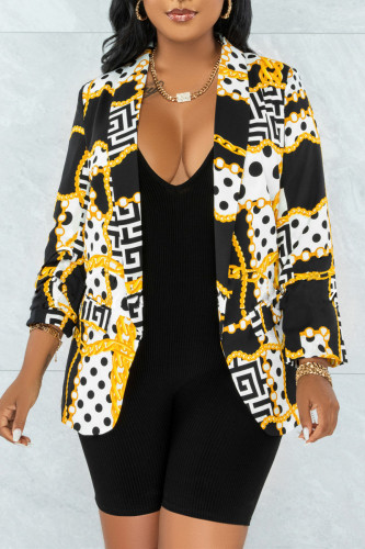 Yellow Fashion Casual Print Cardigan Turndown Collar Outerwear