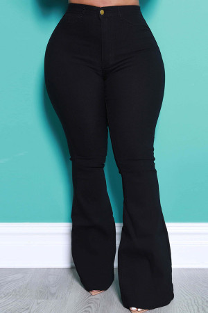 Black Street Solid Patchwork High Waist Boot Cut Flare Leg Denim Jeans
