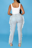 Light Color Sexy Solid Bandage Make Old Straight Lace Up Tassel Ripped Denim Jeans
