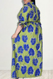 Verde casual estampado patchwork com cinto turndown colarinho reto plus size vestidos