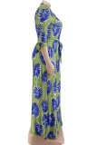 Green Casual Print Patchwork With Belt Turndown Collar Straight Plus Size Dresses