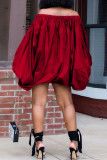 Red Casual Print Patchwork Off the Shoulder Lantern Skirt Dresses