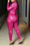 Rosaroter, sexy, bronzierender, schmaler Patchwork-Jumpsuit mit V-Ausschnitt