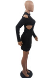 Black Sexy Casual Solid Hollowed Out Patchwork Turtleneck Long Sleeve Dresses