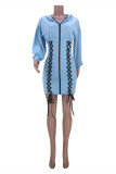 Lichtblauwe mode-casual effen bandage-jurken met capuchon, kraag en lange mouwen