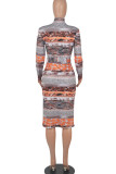 Yellow Brown Casual Print Patchwork With Belt Zipper Collar One Step Skirt Dresses