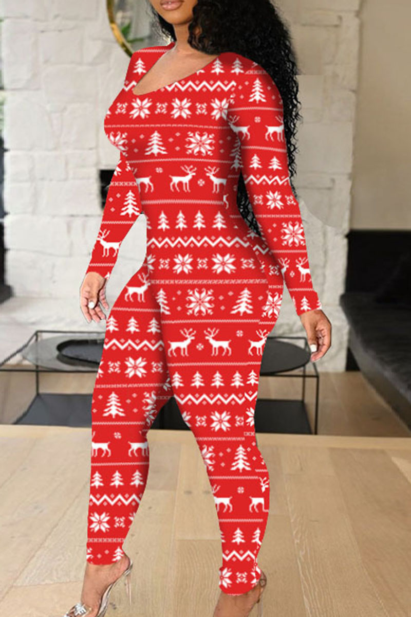 

Red Sexy Print Hollowed Out Split Joint Frenulum O Neck Regular Jumpsuits