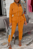 オレンジファッションカジュアルソリッドジッパーフード付きカラー長袖ツーピース