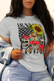 Grey Street Party Print Patchwork O Neck T-Shirts