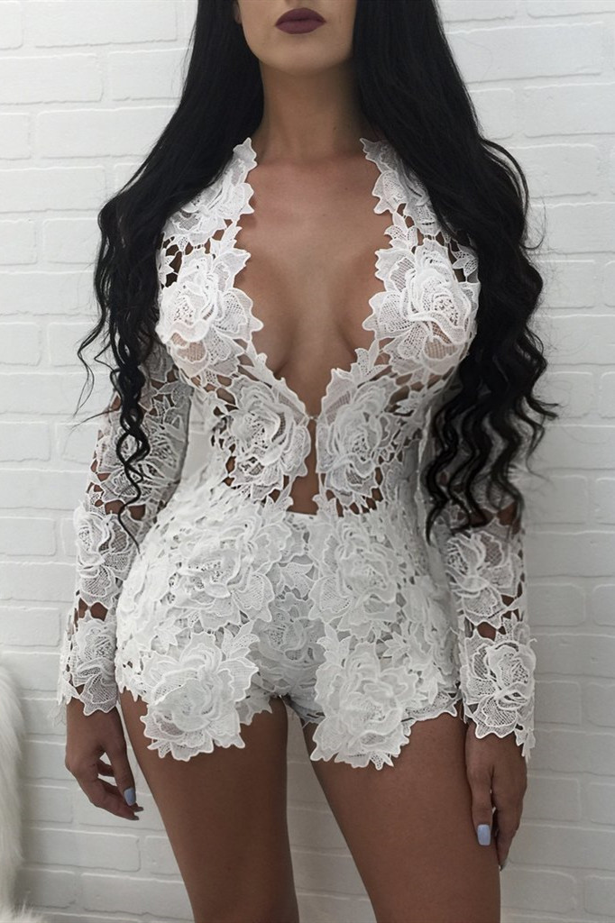 

White Sexy Fashion Long Sleeve Short Lace Set