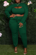 Groene sexy casual effen uitgeholde O-hals plus maat driedelige set