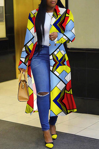 Colour Fashion Casual Print Cardigan Turndown Collar Outerwear
