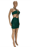グリーン ファッション セクシー スパンコール バックレス ホルター ノースリーブ ドレス
