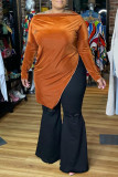 Tops de talla grande con cuello barco y cremallera con abertura sólida informal de moda naranja