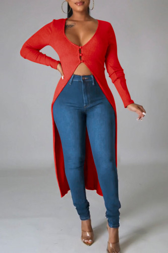 Красная повседневная сплошная пуговица в стиле пэчворк Асимметричная верхняя одежда с v-образным вырезом
