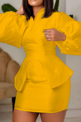 Yellow Fashion Casual Solid Asymmetrical V Neck Long Sleeve Two Pieces