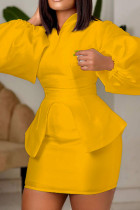 Желтый Модный Повседневный Твердый Асимметричный V-образный вырез с длинным рукавом Из двух частей