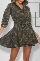 Camouflage Fashion Camouflage Print Sequins Patchwork Turndown Collar Long Sleeve Dresses
