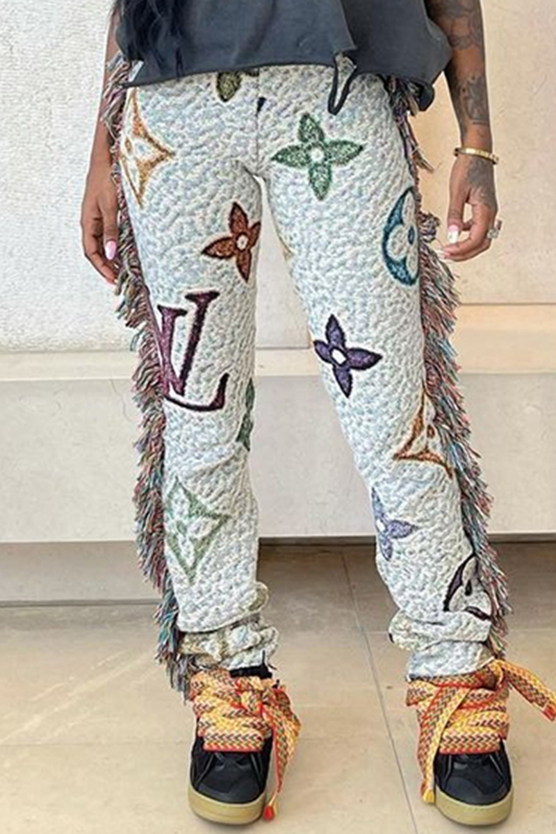 

Colour Fashion Casual Print Tassel Regular High Waist Trousers