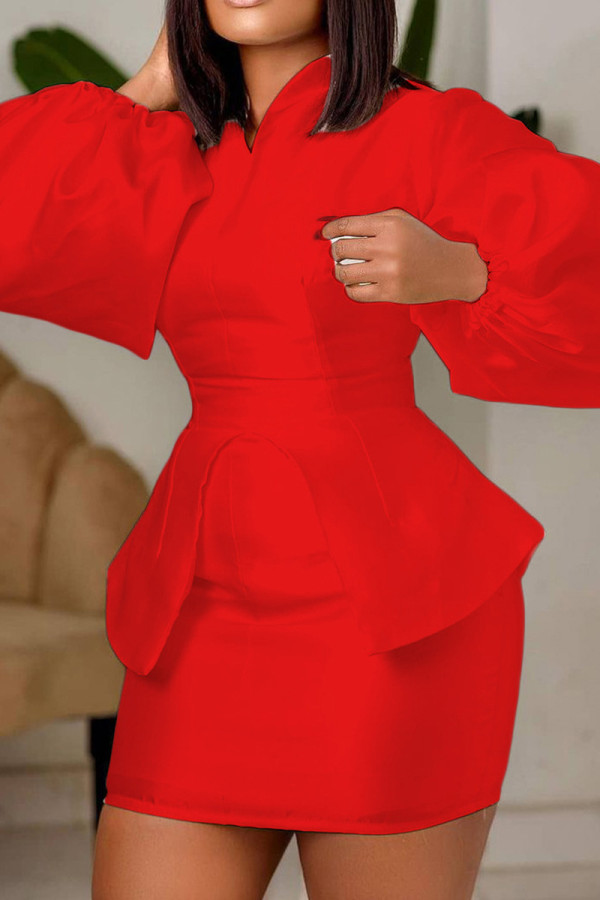 Красный Модный Повседневный Твердый Асимметричный V-образный вырез с длинным рукавом из двух частей