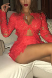 Красный сексуальный модный короткий кружевной комплект с длинным рукавом