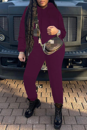 Purple Casual Hooded Collar Long Sleeve Sweatshirt And Skinny Pants Sportwear Two Pieces Jogger Sets