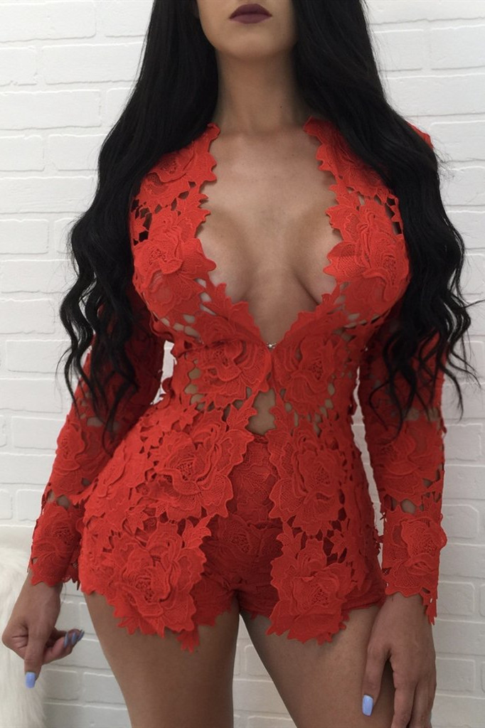 

Red Sexy Fashion Long Sleeve Short Lace Set