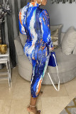 Синие повседневные пэчворк с принтом Половина водолазки юбка-шаг Платья