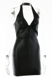 Черное модное сексуальное однотонное платье без рукавов с открытой спиной и лямкой на шее