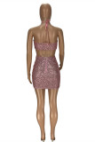 ピンク ファッション セクシー スパンコール バックレス ホルター ノースリーブ ドレス