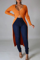 Tangerine Red Casual Solid Patchwork Buttons Asymmetrical V Neck Outerwear