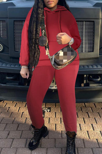 Burgundy Casual Hooded Collar Long Sleeve Sweatshirt And Skinny Pants Sportwear Two Pieces Jogger Sets