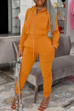 Oranje Mode Casual Solide Rits Hooded Kraag Lange Mouw Twee Stukken