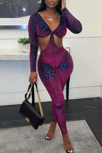 Rose Purple Fashion Sexy Print Hollowed Out V Neck Skinny Jumpsuits