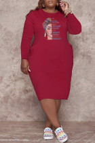 Бордовый модный повседневный принт с круглым вырезом и длинным рукавом Платья больших размеров