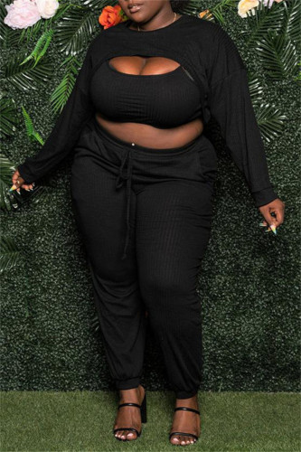 Black Sexy Casual Solid Hollowed Out O Neck Plus Size Three-piece Set