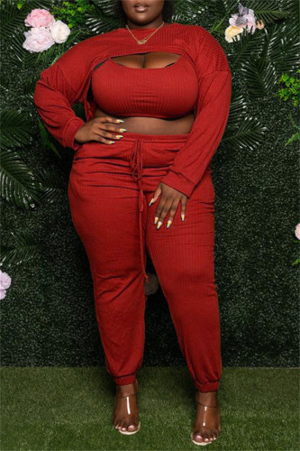 Red Sexy Casual Solid Hollowed Out O Neck Plus Size Three-piece Set