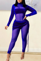 Blauwe sexy effen patchwork doorzichtige coltrui normale jumpsuits