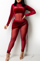 Red Sexy Solid Patchwork See-through Turtleneck Regular Jumpsuits