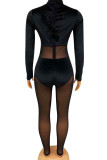 Black Sexy Solid Patchwork See-through Turtleneck Regular Jumpsuits