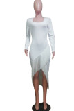 White Sexy Cap Sleeve Long Sleeves V Neck Asymmetrical Mid-Calf tassel Solid Patchwork