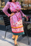 Rosafarbenes, elegant bedrucktes Patchwork-Volantkleid mit O-Ausschnitt und A-Linie