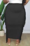 Черная модная повседневная однотонная юбка с кисточками больших размеров