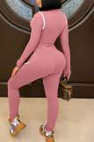 Pink Casual Print Patchwork See-through Zipper Collar Long Sleeve Two Pieces