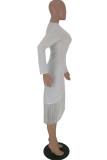 Khaki Sexy Cap Sleeve Long Sleeves V Neck Asymmetrical Mid-Calf tassel Solid Patchwork
